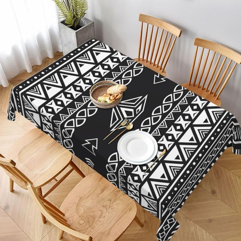 Photo 1 of **needs cleaning**Geometric Tribal Table Cloth Rectangle - Chic Bohemian Ethnic Table Cover Black White Stripes Triangle Tablecloth Tabletop Decoration for Picnic Banquet Party Kitchen - 60 x 90 Inch