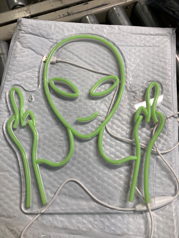 Photo 2 of **doesn't power on**Green Alien Neon Signs, Dimmable LED Neon Signs for Wall Decor Bedroom Man Cave Game Room Home Bar Party Decor, LED Alien Neon Light for Kids Birthday Gift (Green Alien)