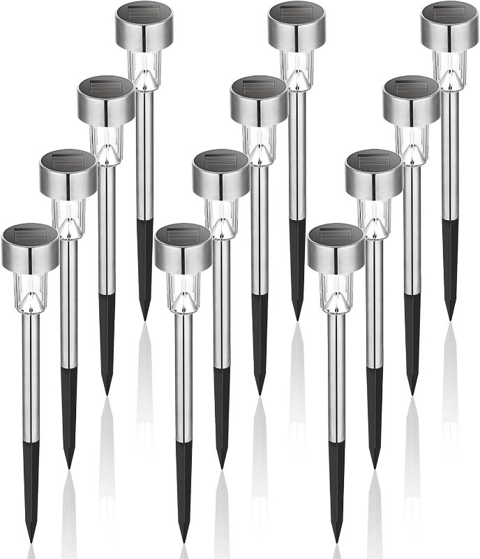 Photo 1 of Solar Lights Outdoor Waterproof, 12 Pack, Stainless Steel LED Solar Garden Lights for Patio, Lawn, Yard and Landscape, Cold White