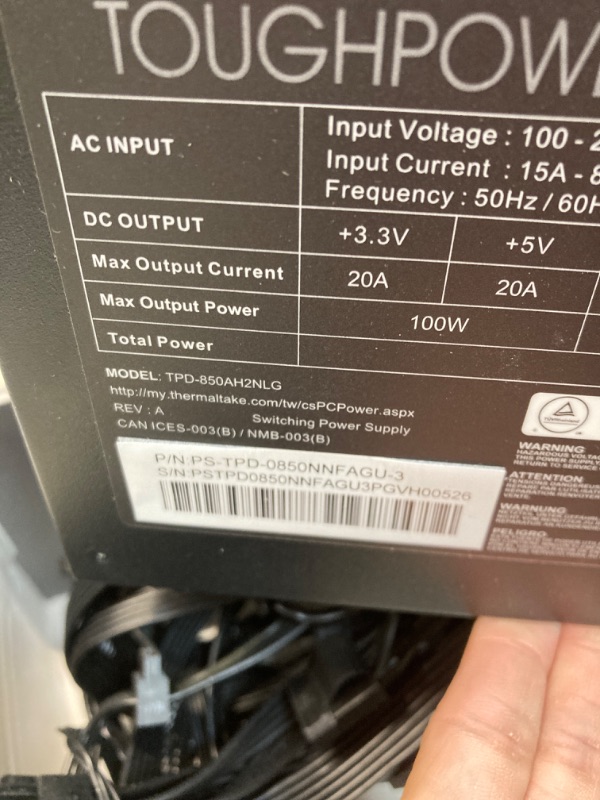 Photo 4 of Thermaltake Toughpower GX3 850W 80Plus Gold SLI/Crossfire Ready ATX 3.0 Power Supply; PCIe5 12VHPWR Connector Included; 5 Year Warranty; PS-TPD-0850NNFAGU-3 850W 80+ Gold (ATX 3.0)