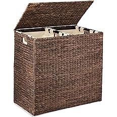 Photo 1 of ****MISSING PARTS***** Best Choice Products Large Double Laundry Hamper with Lid, Natural Handwoven Water Hyacinth, 2 Sections w/ 2 Machine Washable Linen Liner Bags, Portable, Handles - Espresso 
