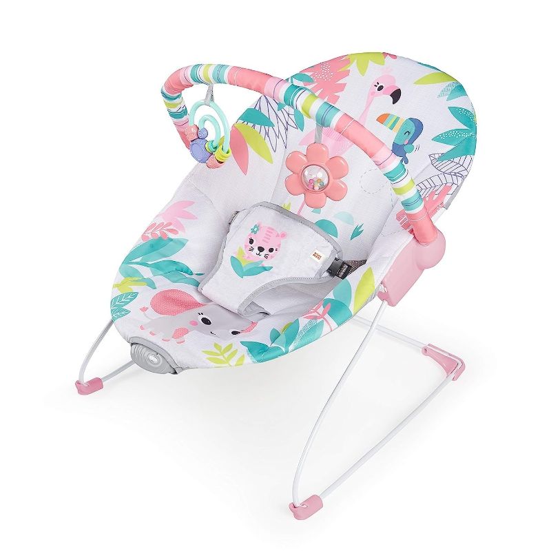 Photo 1 of Bright Starts Baby Bouncer Soothing Vibrations Infant Seat - Removable-Toy Bar, Nonslip Feet, 0-6 Months Up to 20 lbs (Flamingo Vibes, Pink)
