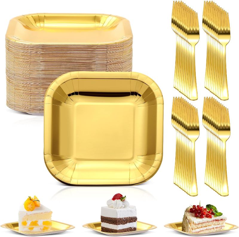 Photo 1 of 100 Pcs 7 In Square Disposable Paper Plates with 7.28 In Plastic Forks Metallic Foil Paper Dessert Plates Utensils Set for Kids Birthday Party Supplies Wedding (Gold)
