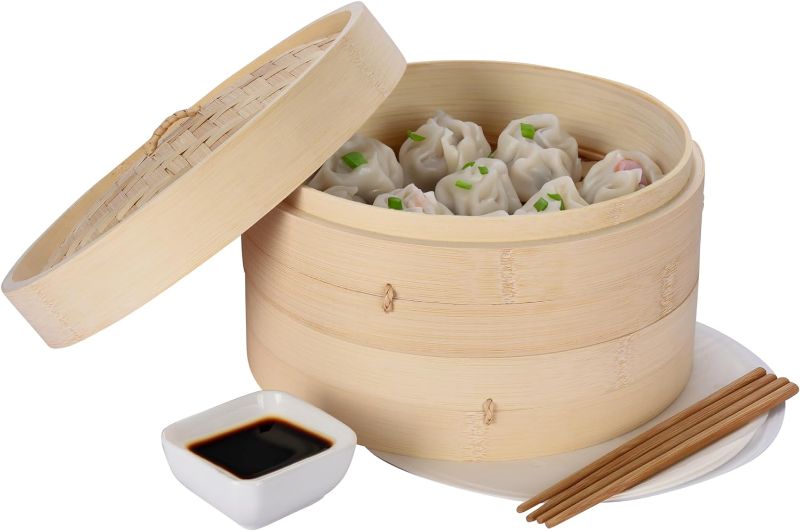 Photo 1 of JapanBargain 2222, Bamboo Steamer Basket 8 inch Chinese Food Rice Vegetable Dim Sum Dumpling Buns Chicken Meat Seafood Steamer, 8-inch