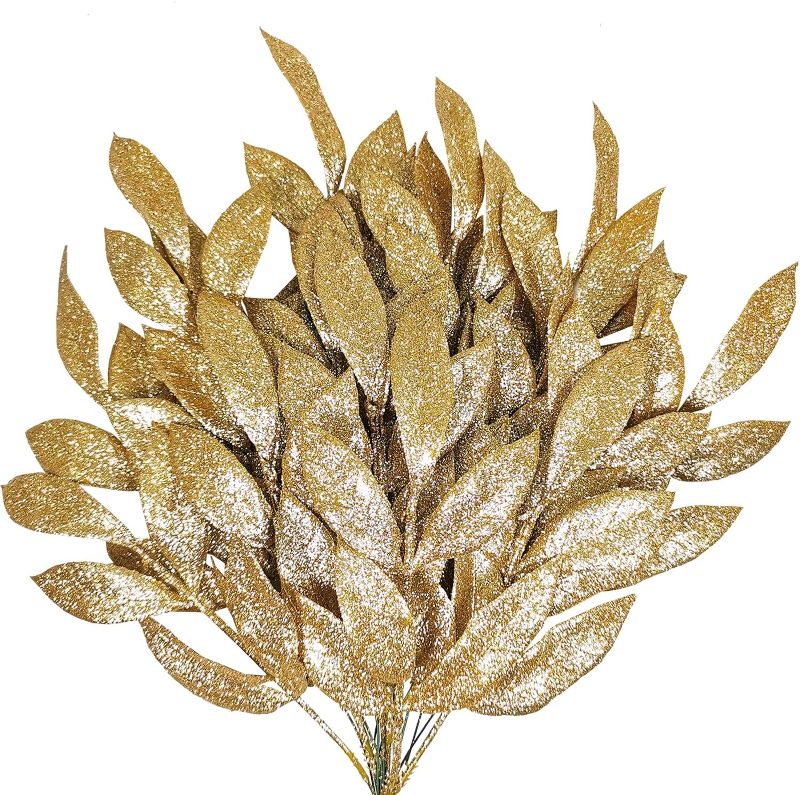 Photo 1 of 20 Pieces Gold Glittered Artificial Leaf Spray Picks 12" Tall for Christmas Winter Wedding Wreath Tree Swag Floral Arrangment Vase Bouquets Table Centerpieces Decoration
