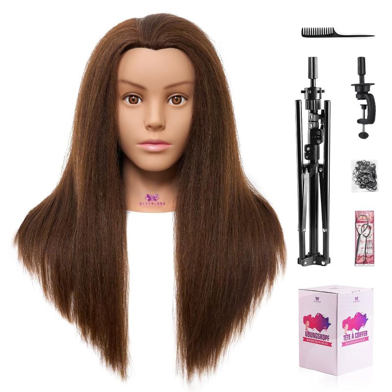 Photo 1 of 100% Mannequin Head Human Hair with 47“ Mannequin Stand Tripod,20" Hair Mannequin Cosmetology Manikin Training Doll Head with Mannequin Head Stand Table Clamp Practice Styling Set(Brown)
