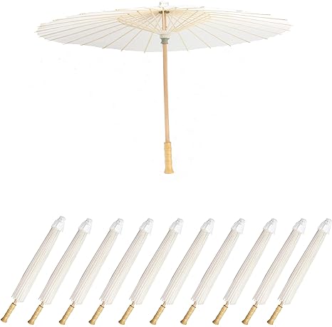 Photo 1 of 32" 10PK Paper Umbrellas for Weddings Wooden Handle Parasol Umbrella Paper Decorative Chinese Japanese Paper Painting Umbrellas Crafts for Wedding Bridal Party Decor White
