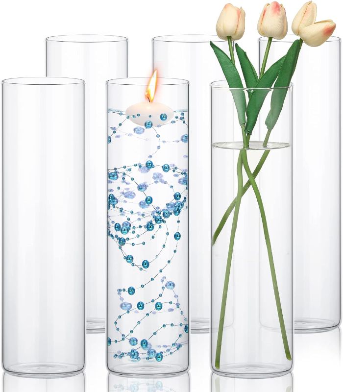 Photo 1 of Tessco 6 Pack Glass Cylinder Vases Clear Flower Vase Floating Candle Holders Centerpiece Vases Tall Skinny Floating Candle Vases for Home Wedding Table Decorations Formal Dinners (12 x 3.35 Inch)
