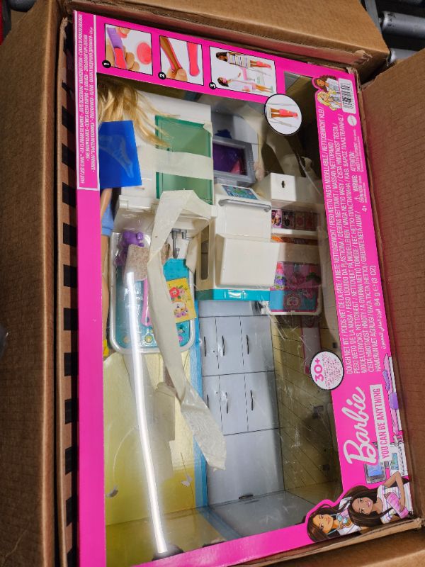 Photo 2 of **MISSING PARTS**Barbie Fast Cast Clinic Playset, Brunette Doctor Doll (12-in), 30+ Play Pieces, 4 Play Areas, Cast & Bandage Making, Medical & X-ray Stations, Exam Table, Gift Shop & More, Great Toy Gift