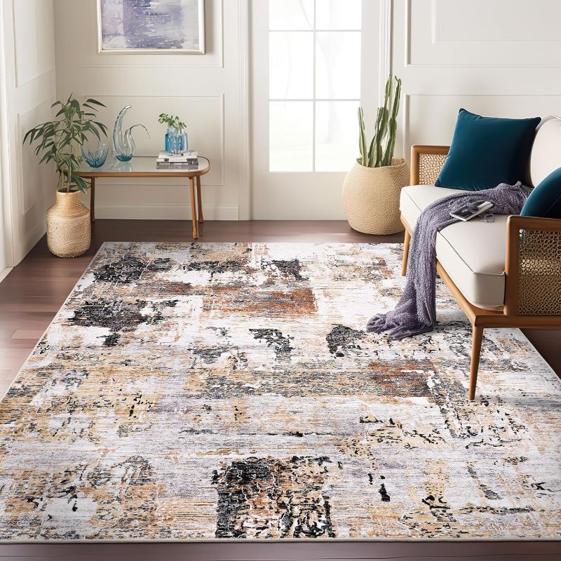 Photo 1 of 8x10 Area Rugs, Area Rug with Non-Slip Backing, Modern Abstract Machine Washable Rugs, Foldable Low Pile Rug for Living Room (Yellow/Dark Grey, 8'x10')
