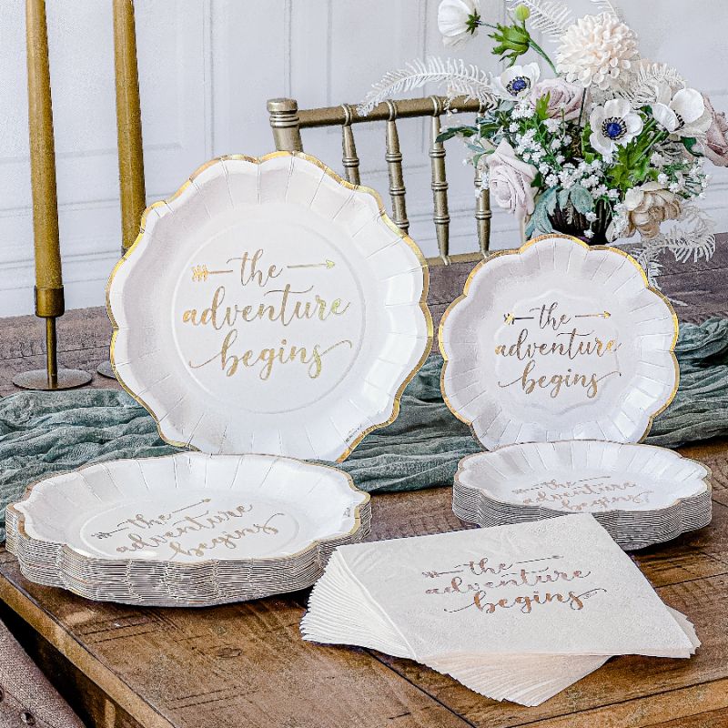 Photo 1 of **1 SET OF PLATES**Kate Aspen the Adventure Begins 72 Piece Classic & Elegant Paper Party Tableware Set (24 Guests) Party Supplies Wedding Decor for Bridal Showers En
