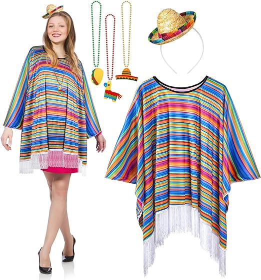 Photo 1 of 5 Pcs Cinco De Mayo Party Costumes Fiesta Serape Poncho, Fiesta Fabric and Straw Sombrero Headbands Hat, 3 Mexican Necklace Bead for Adult Men Women, Mexican Birthday Party Supplies Favor Decoration
