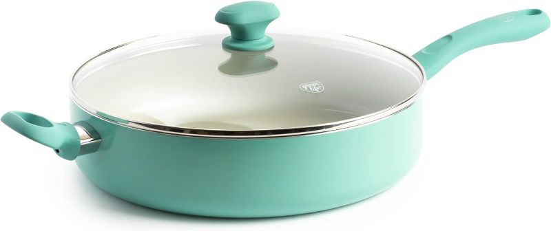 Photo 1 of *** HANDLE DAMAGED***GreenLife Soft Grip Diamond Healthy Ceramic Nonstick, 5QT Saute Pan Jumbo Cooker with Helper Handle and Lid, PFAS-Free, Dishwasher Safe, Turquoise