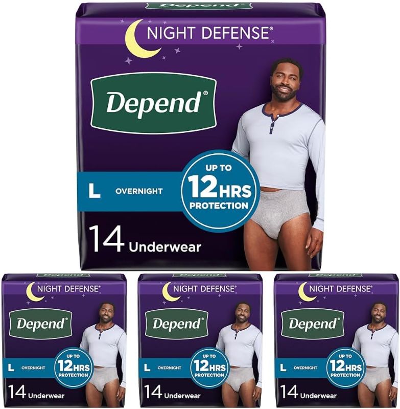 Photo 1 of Depend Night Defense Adult Incontinence Underwear for Men, Disposable, Overnight, Large, Grey, 14 Count, Packaging May Vary (Pack of 4)