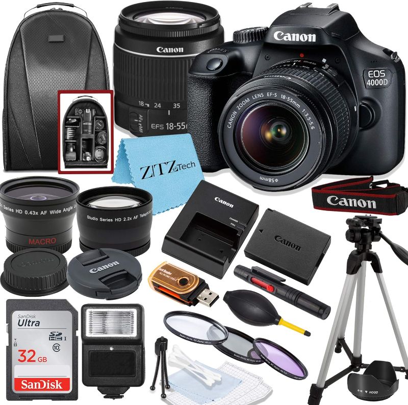 Photo 1 of Canon EOS 2000D / Rebel T7 DSLR Camera with EF-S 18-55mm Lens + SanDisk 32GB Card Tripod Case Wideangle Lenses ZeeTech Accessory Bundle (20pc Bundle) (18-55MM, Card) (Renewed) Black
