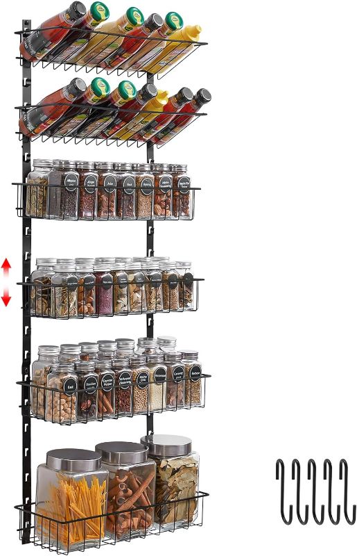 Photo 1 of X-cosrack 6-Tier Wall Mounted Spice Rack Organizer Hanging Seasoning Holder Rack, Height-Adjustable Wire Spice Shelves for Kitchen Pantry Wall, Black