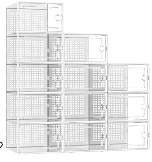 Photo 1 of Kuject Larger Shoe Storage Boxes Organizers for Closet 12 Pack, Fit Size 11, Clear Plastic Stackable Sneaker Containers for Entryway, Space Saving Shoe Rack Bin Holder, White