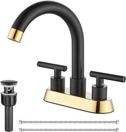 Photo 1 of 4 Inch Centerset Bathroom Sink Faucet Black and Polished Gold Bathroom Faucet Deck Mount Stainless Steel Dual Handles Swivel Spout Lavatory Mixer Tap with Pop-up Drain Vanity Bathroom Faucets