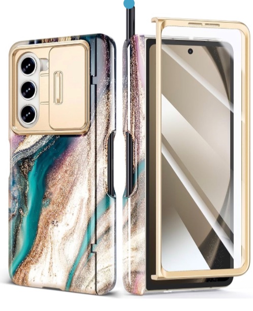 Photo 1 of GVIEWIN Marble for Samsung Galaxy Z Fold 5 Case, with Built-in S Pen Slot, Slide Camera Lens Cover, Screen Protector, Hinge Protection, Full Body Protection Phone Case 2023 (Drift Sand/Brown)