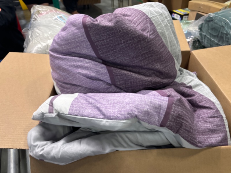 Photo 1 of Striped Patchwork Bed in a Bag 7 Pieces,Purple White Grey Stripe Pattern King Size Comforter Set with Sheets, Soft Lightweight Bedding Sets Collections for All Season (Purple 90''x 104'') Purple King