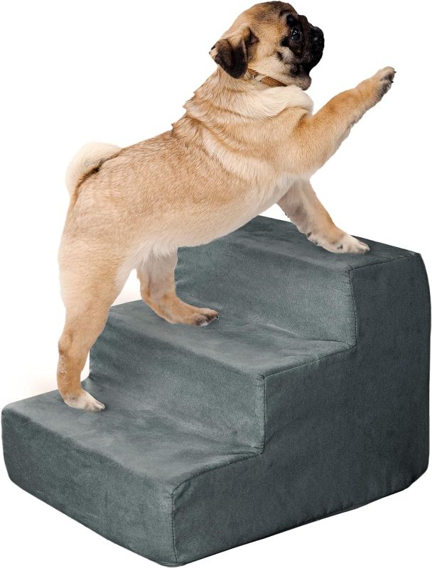 Photo 1 of 3-Step Pet Stairs - Nonslip Foam Dog and Cat Steps with Removable Zippered Microfiber Cover - Designed for Home or Vehicle Use by PETMAKER (Gray)
