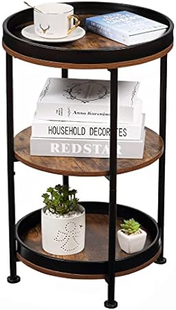 Photo 1 of Dulcii Side Table, Round End Table with 3 Storage Shelves for Living Room, Bedroom, Nightstand with Steel Frame for Small Spaces, Industrial Round Sofa Table, Outdoor Accent Coffee Table, Rustic Brown