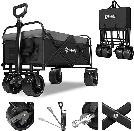 Photo 1 of .Sekey Heavy Duty Foldable Wagon with 330lbs Weight Capacity, Collapsible Folding Utility Garden Cart with Big All-Terrain Beach Wheels & Drink Holders.Black&Grey **USED***BOX IS DAMAGED*** 