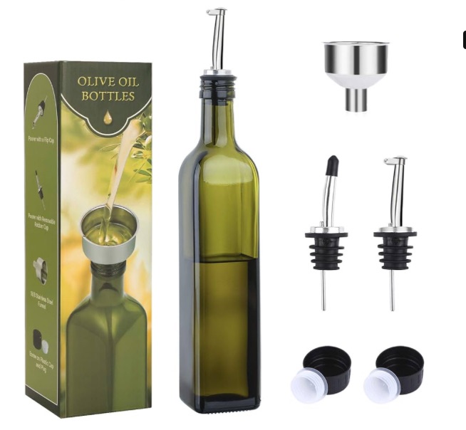 Photo 1 of AOZITA 17oz Glass Olive Oil Bottle Dispenser - 500ml Green Oil and Vinegar Cruet with Pourers and Funnel - Olive Oil Carafe Decanter for Kitchen