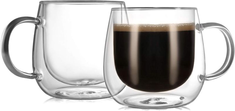 Photo 1 of CNGLASS Double Walled Glass Coffee Mugs 5oz,Large Insulated Espresso Cups,Set of 2 Clear Glasses Cappuccino Mug with Handle(Tea Latte Glassware)