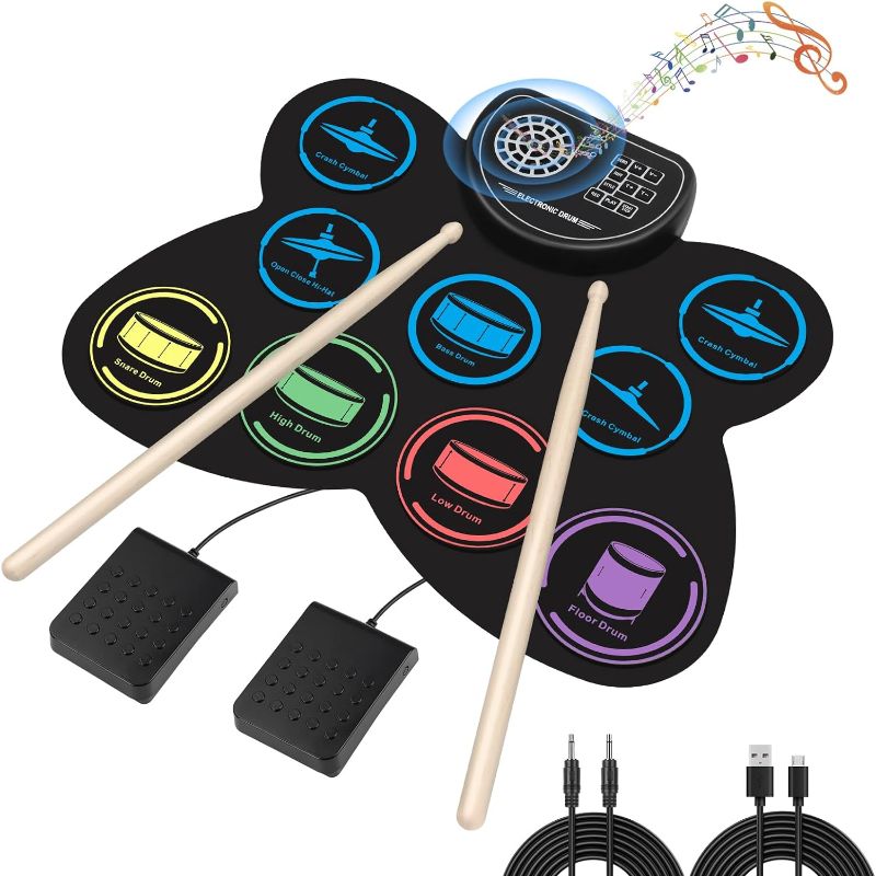 Photo 1 of Electronic Drum Set, Marrilley 9 Drum Practice Pad with Headphone Jack, Roll-up Drum Pad Machine Built-in Speaker Drum Pedals Drum Sticks 10 Hours Playtime, Great Holiday Xmas Birthday Gift for Kids