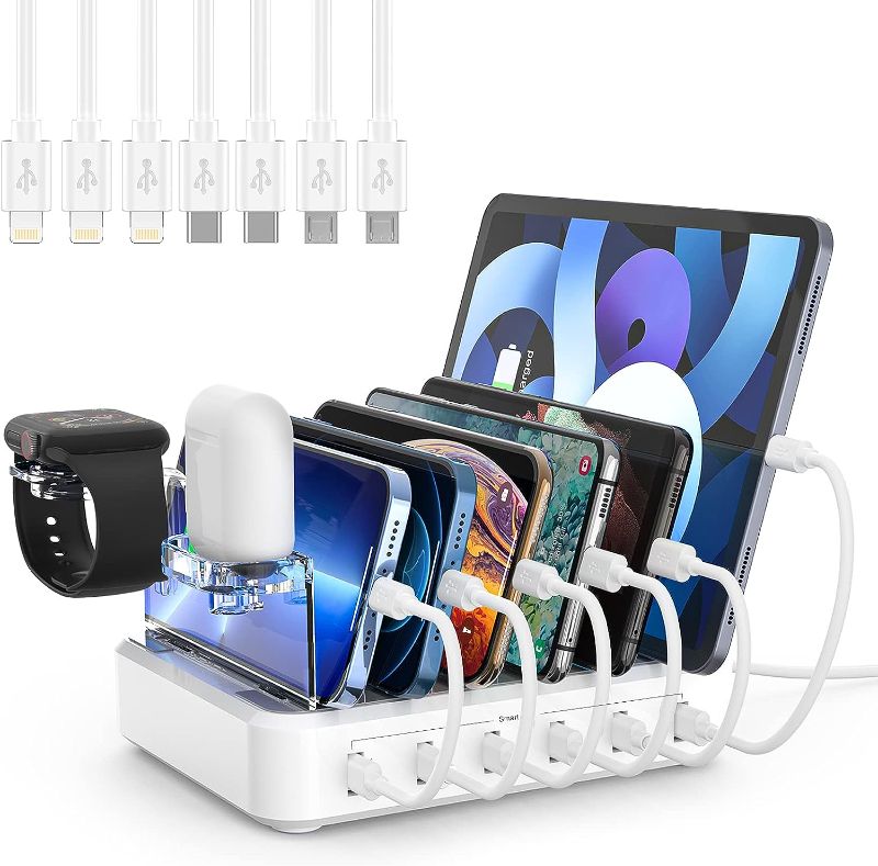 Photo 1 of 
Charging Station for Multiple Devices,60W 6 Port Charger Station with 7 Mixed Charging Cables,USB Charging Dock,Compatible with Cellphone,Tablet, Kindle,...
Color:White