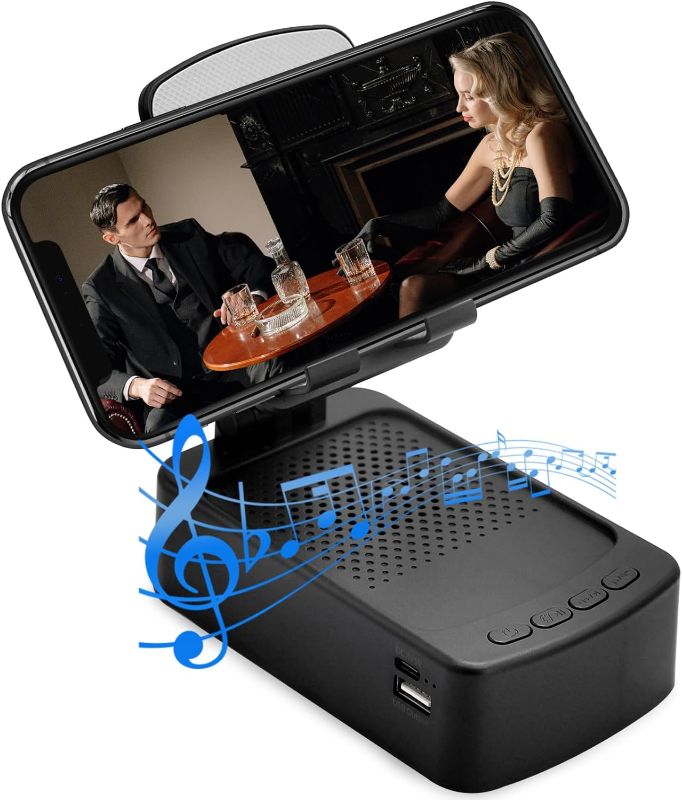 Photo 1 of Cell Phone Stand with Wireless Bluetooth Speaker and Anti-Slip Base HD Surround Sound Perfect for Home and Outdoors with Bluetooth Speaker for Desk Compatible with iPhone/ipad/Samsung Galaxy (A-Black