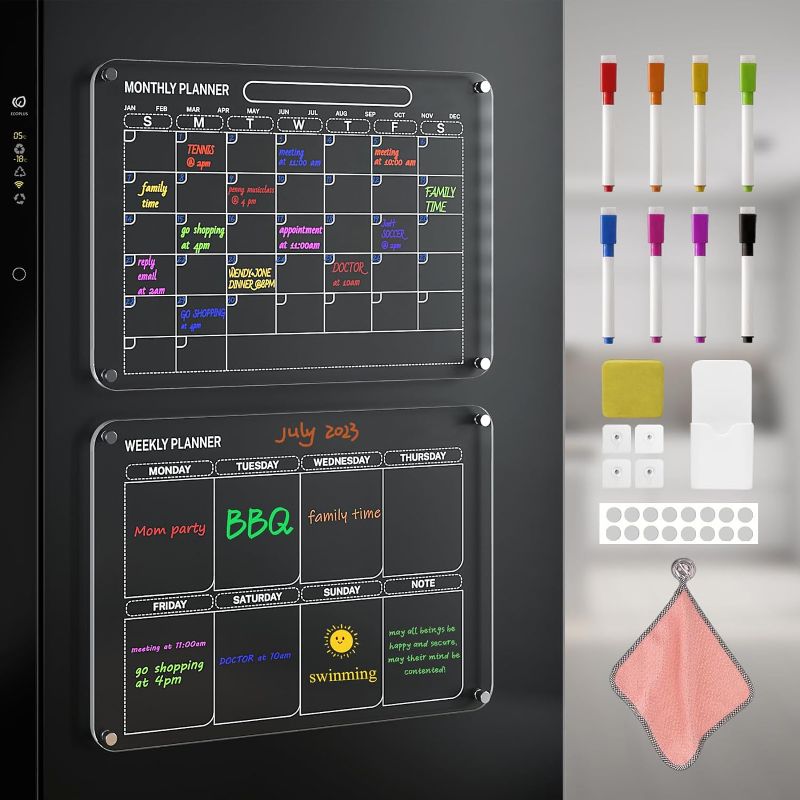 Photo 1 of 2 Pack Acrylic Magnetic Calendar for Fridge, 12"x16" Clear Dry Erase Board Reusable Planning Set, Includes 8 Colorful Markers ,Magnetic Pen Holder
