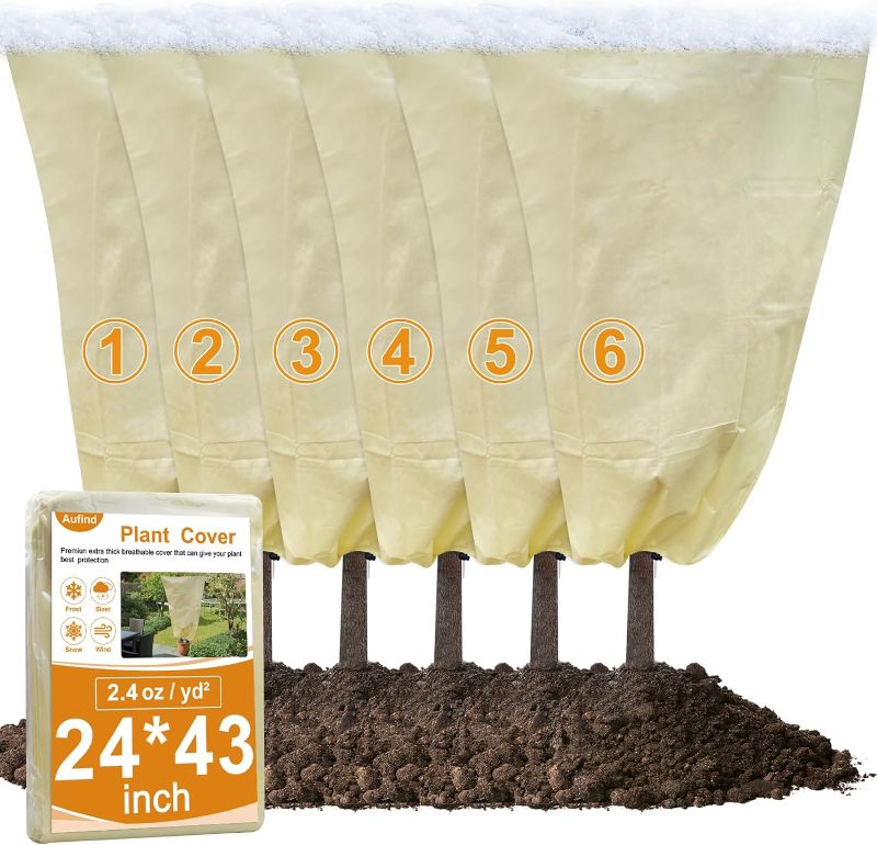 Photo 1 of Aufind 6 Packs Plant Freeze Protection Covers, 24”x 43”Winter Shrub Cover Tree Frost Blanket with Drawstring for Cold Frost Freeze Bird Insect Prevention Sun Protection White