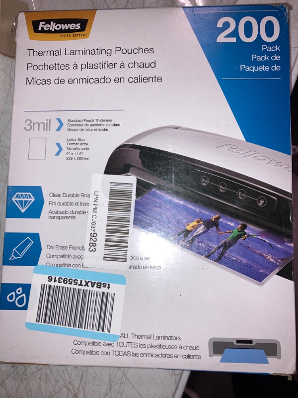 Photo 2 of Fellowes Thermal Laminating Pouches, 3mil Letter Size Sheets, 9 x 11.5, 200 Pack, Clear (5743401)