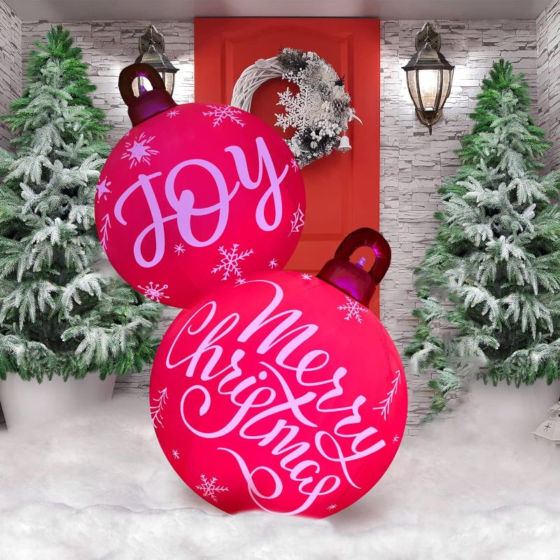 Photo 1 of 30 Inch Light up Giant Christmas PVC Inflatable Decorated Ball Ornaments Xmas Blow up Christmas Ball Decorations Outdoor with LED Light and Remote for Yard Lawn Porch Tree Pool (Joy)