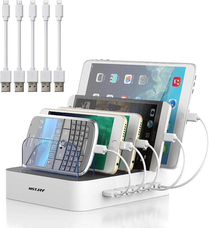 Photo 1 of Charging Station for Multiple Devices, MSTJRY 5 Port Multi USB Charger Station with Power Switch Designed for iPhone iPad Cell Phone Tablets (White, 6 Mixed Short Cables Included