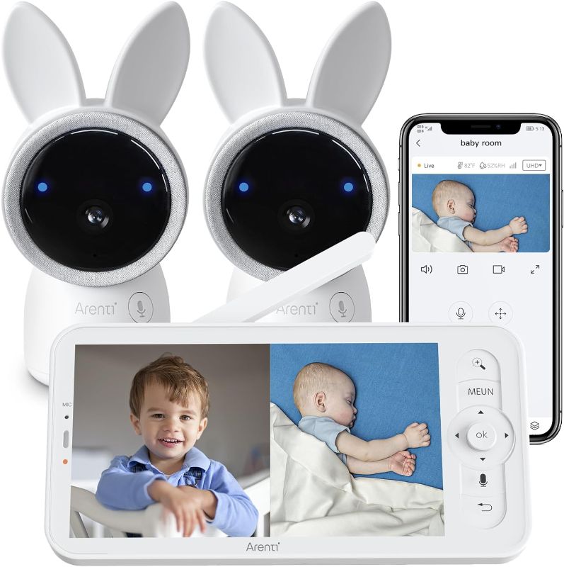 Photo 1 of ARENTI Split-Screen Video Baby Monitor, Audio Monitor with Two 2K UHD WiFi Cameras,5" Color 720P Display,Night Vision,Cry Detection,Motion Detection,Temp&Humidity Sensor,Two Way Talk,App Control