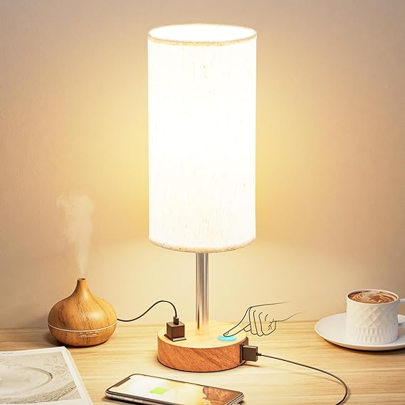 Photo 1 of Fenmzee Bedside Table Lamp for Bedroom - 3 Way Dimmable Touch Lamp USB C Charging Ports and AC Outlet, Small Lamp Wood Base Round Flaxen Fabric Shade for Living Room, Desk, LED Bulb Included
