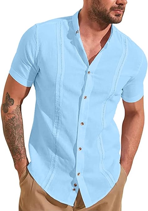 Photo 1 of JMIERR Mens Camp Cuban Guayabera Shirts Linen Casual Short Sleeve Button Down Shirt Band Collar Summer Beach Tops