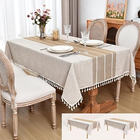 Photo 1 of 2 Pack Faux Linen Tablecloth 55x120 Inch-Farmhouse Boho Neutral Style Table Cloths for 8 ft, Water Repellent Decorative Fabric Burlap Table Cloth Heavy Weights for Kitchen Tables Christmas