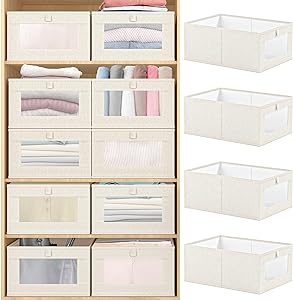 Photo 1 of 4 Pack Linen Closet Organizers and Storage Bins, Storage Containers with Clear Window, Large Storage Boxes Baskets for Organizing Clothing, Jeans, Toys, Books, Shelves, Closet, Wardrobe