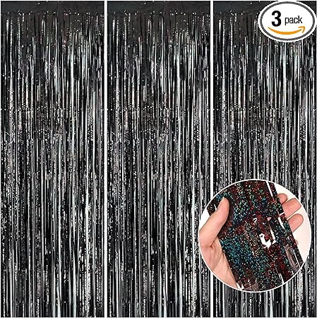 Photo 1 of Black Laser Tinsel Curtain Backdrop,3 Packs of 3.3 X 8.2 Feet Fringe Curtain Backdrop Decorations for Black Party Graduation Birthday Halloween, Disco Party, Gender Reveal