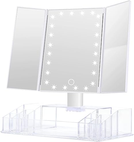 Photo 1 of Makeup Mirror with Lights and Storage - 3x/2x Magnification, Tri-Fold Cosmetic Vanity Mirror with 24 Led Light, Touch Screen, 180 Degree Adjustable Rotation