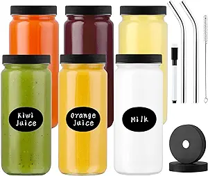 Photo 1 of Glass Juice Bottles for Juicing, Airtight Lids & 4 Straws & 4 Lids w Hole, 16 oz Jars with Lids, Reusable Travel Water Cups, 12 Labels for Smoothies, Tea, Milk, Homemade Beverage (6 Pack, Black Lids)