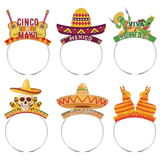 Photo 1 of 6 Pcs Cinco de Mayo Headbands Mexican Fiesta Headwear Floral Skull Guitar Photo Props Sombrero Headband Hats Fiesta Paper Hairpieces for Fiesta Party Favors Carnival Hair Accessories