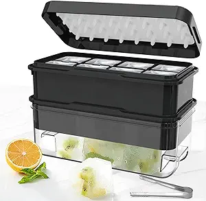 Photo 1 of Ice Cube Tray with Lid and Bin, 16 pcs Big Ice Cubes Molds for Freezer, With 2 trays, Ice Freezer Container, Spill-Resistant Removable Lid & Ice Clip, for Whiskey, Cocktail (Black)