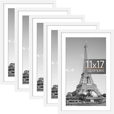 Photo 1 of upsimples 11x17 Picture Frame Set of 5, Display Pictures 9x15 with Mat or 11x17 Without Mat, Wall Gallery Photo Frames, White