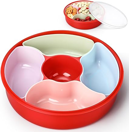 Photo 1 of 2 Pcs Divided Snack Serving Tray with Lid 10 Inch Compartment Veggie Box Container Colored Plastic Fruit Serving Tray Container for Nuts Candy Veggie Appetizer Platter(Round)