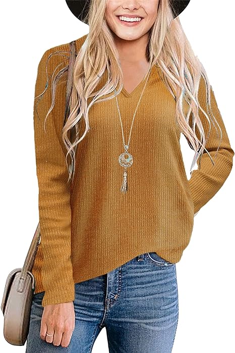Photo 1 of AUSELILY Women's Waffle Knit Long Sleeve Tunic Tops V Neck Henley Loose Blouses Shirts